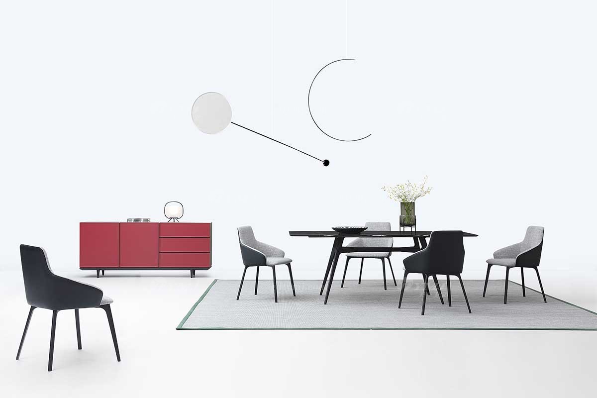  现代简约家具91精品久久久久久水蜜桃别墅会所家用时尚灰色皮布艺结合餐椅1908场景